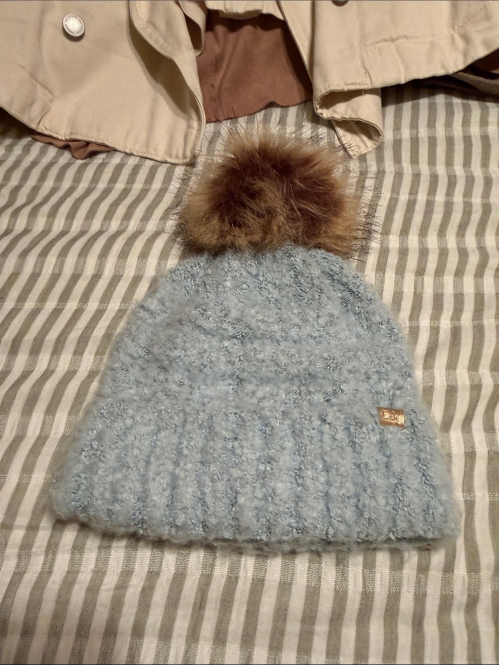David and Young Light Blue Fuzzy Pom Beanie Hat